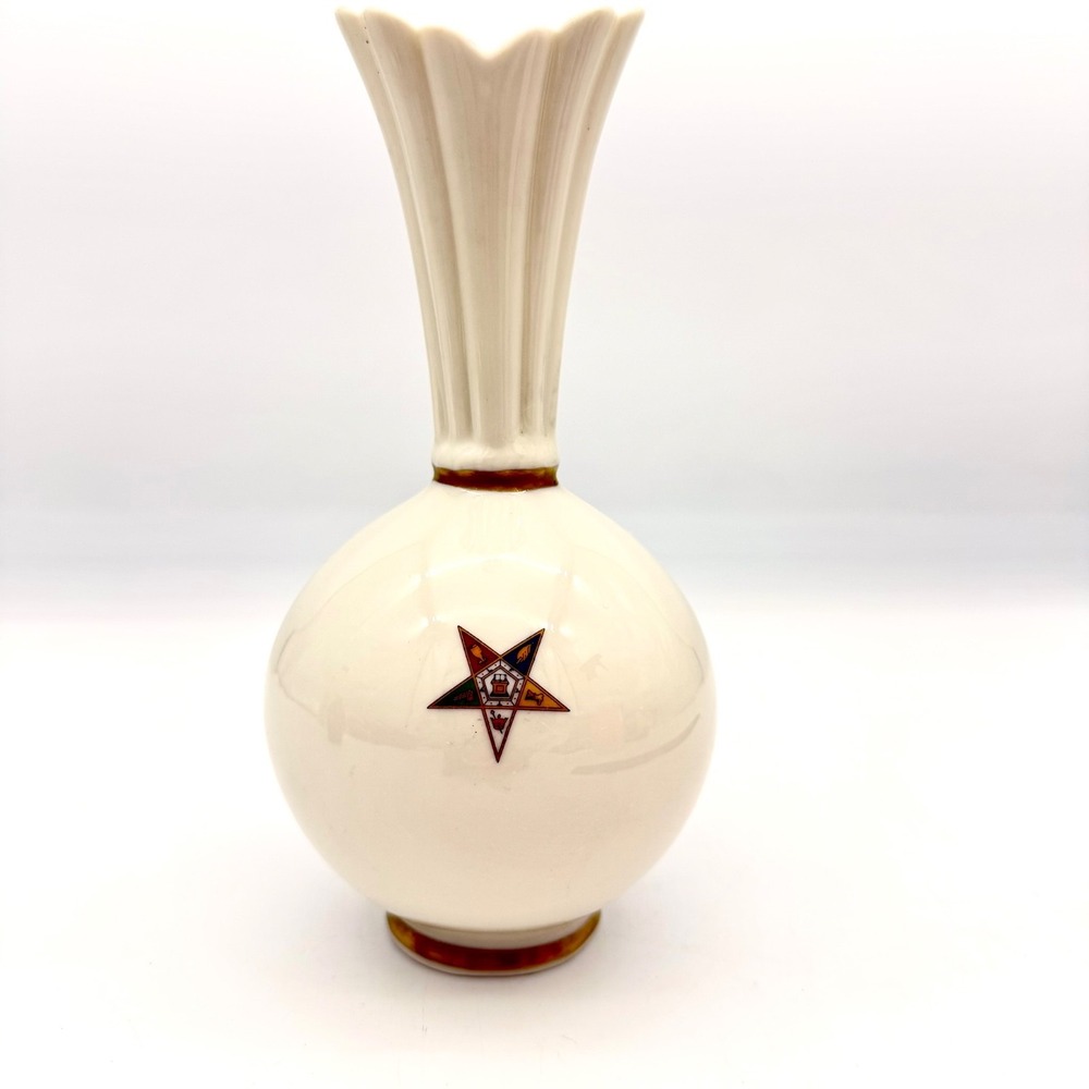 VTG OES Order of Eastern Star Porcelain Bud Vase White Gold Trim Masonic Decor